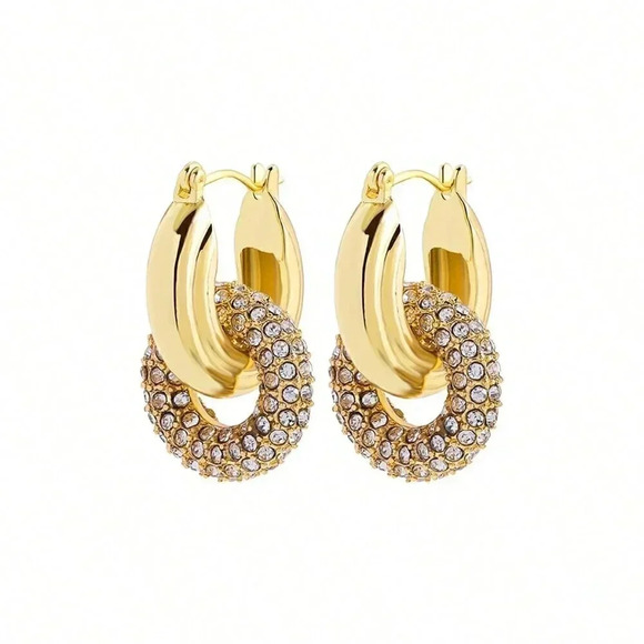 Yellow Gold Women's Gold Color Zinc Alloy Full Diamond Inlaid Hoop Earrings - Picture 1 of 5